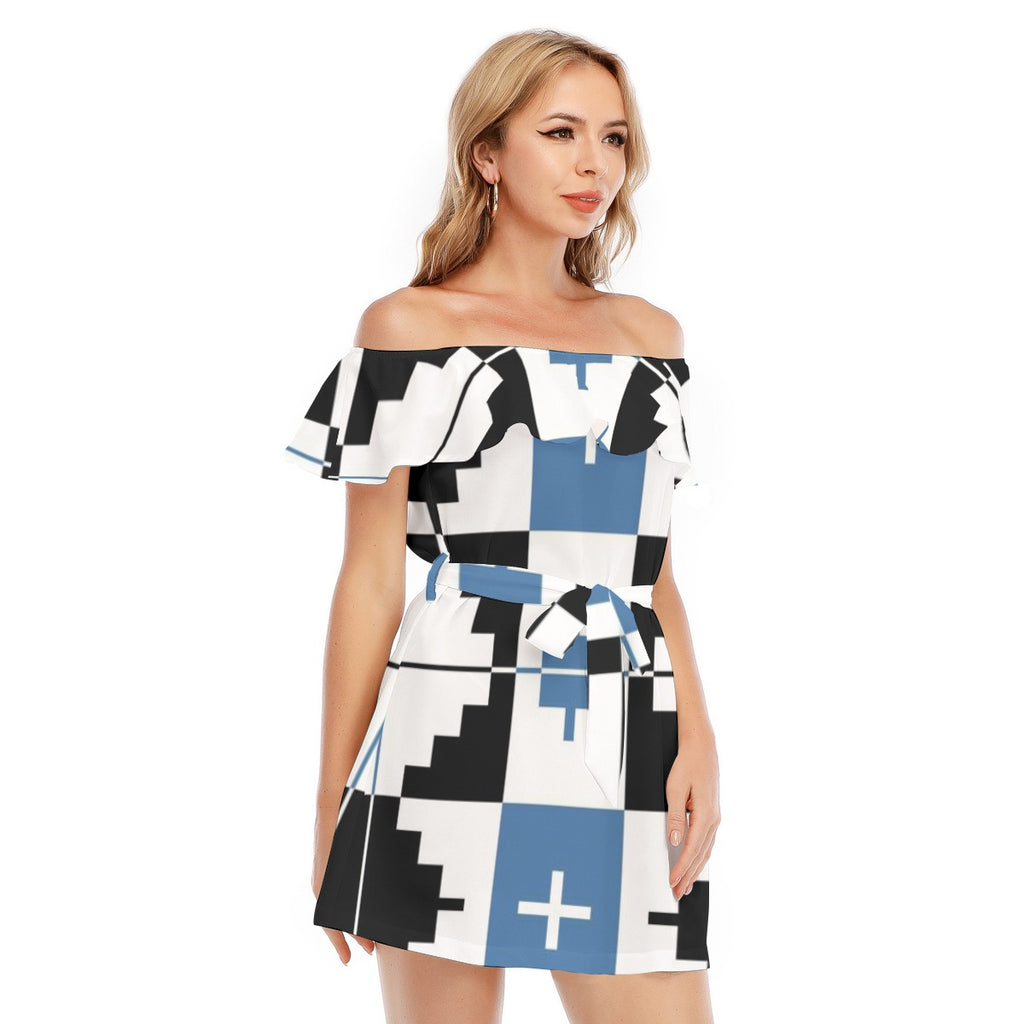 Pixel Print Off-shoulder Dress With Ruffle