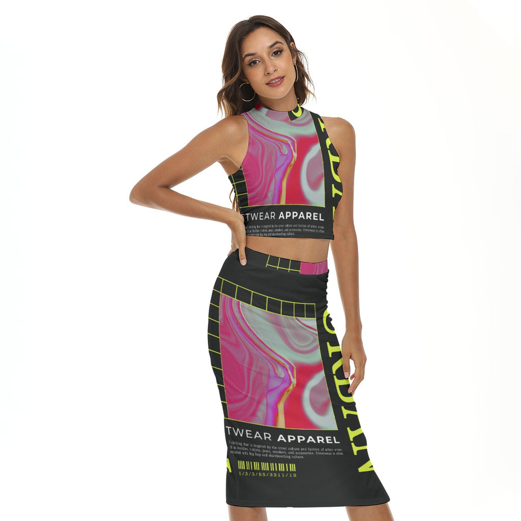 Urban Streetwear Apparel print Tank Top & Split High Skirt Set