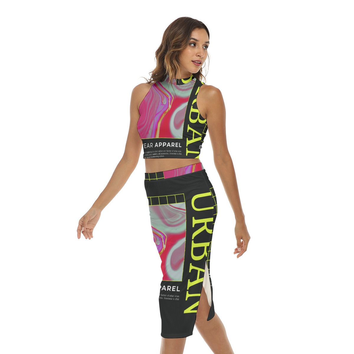 Urban Streetwear Apparel print Tank Top & Split High Skirt Set