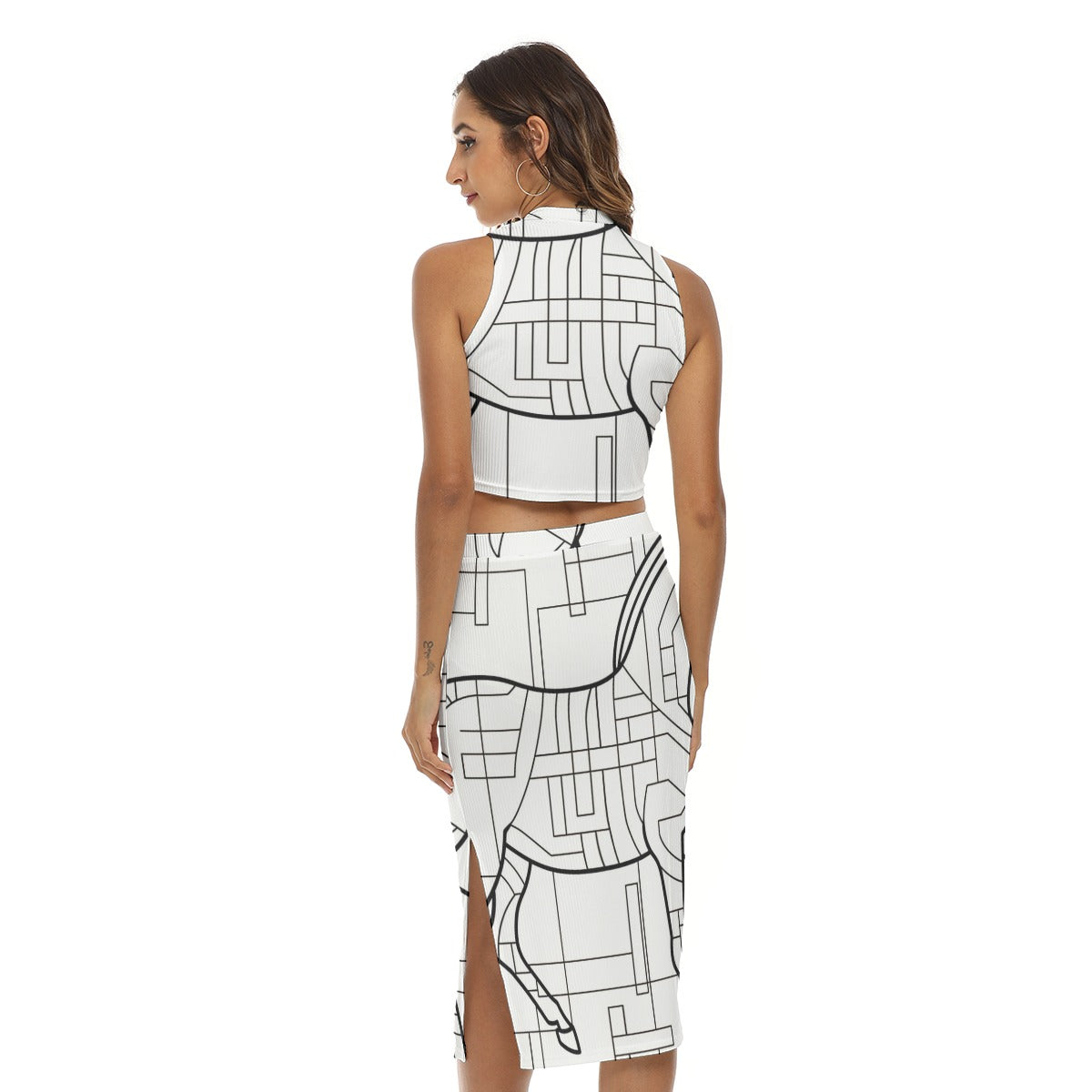 Geometric print Tank Top & Split High Skirt Set