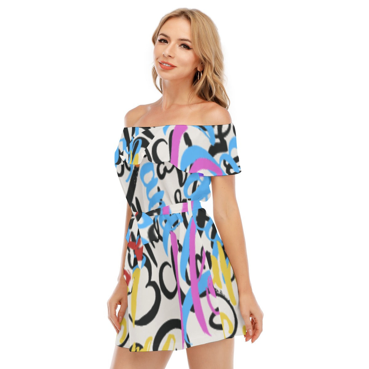 Colorful Print Off-shoulder Dress With Ruffle