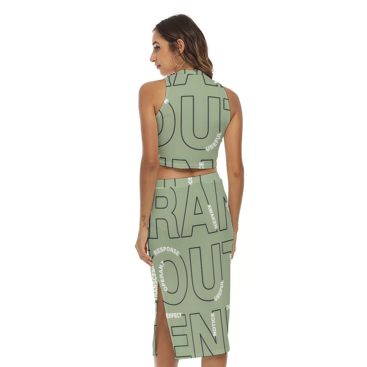 Letter Print Tank Top & Split High Skirt Set