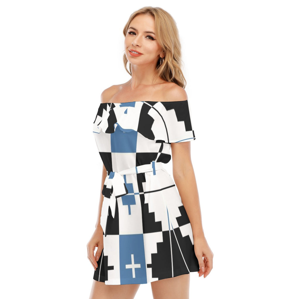 Pixel Print Off-shoulder Dress With Ruffle