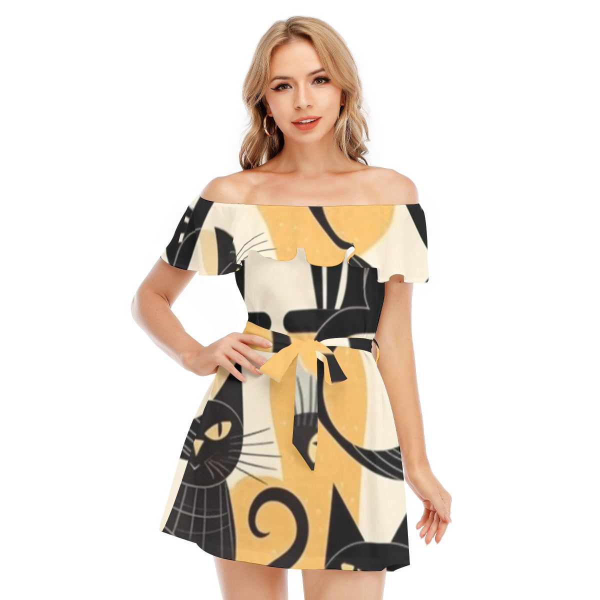 Blackkat Print Off-shoulder Dress With Ruffle