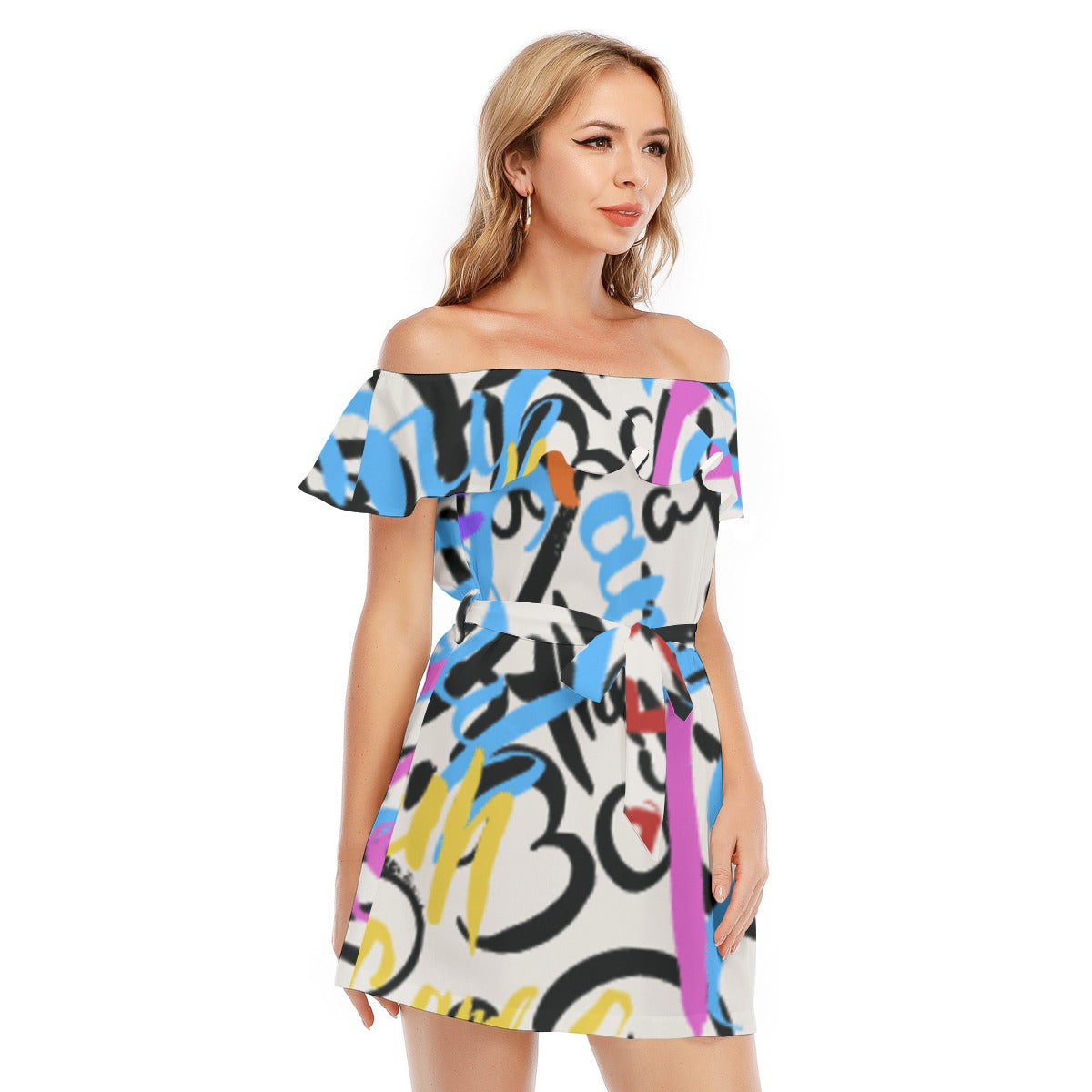 Colorful Print Off-shoulder Dress With Ruffle