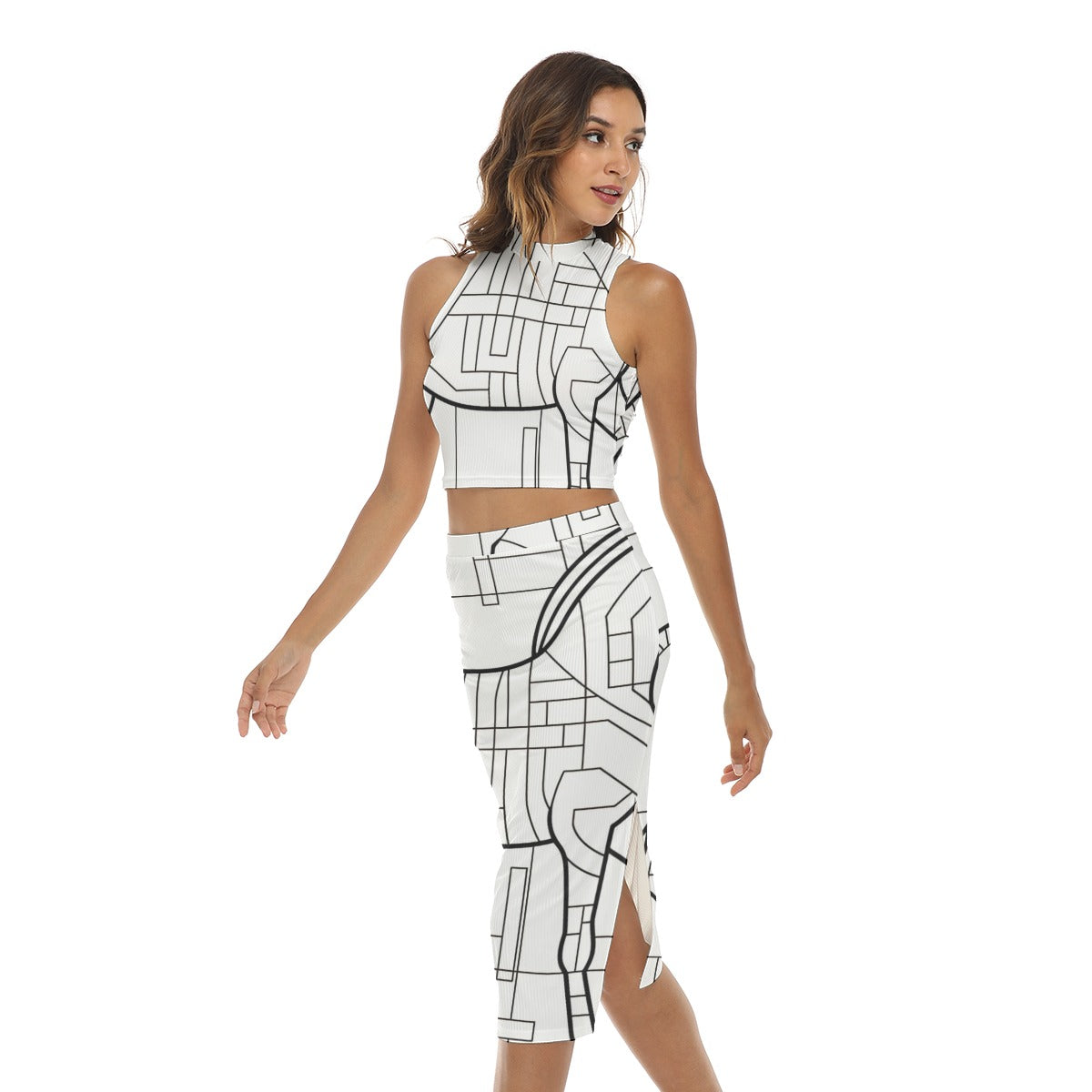 Geometric print Tank Top & Split High Skirt Set