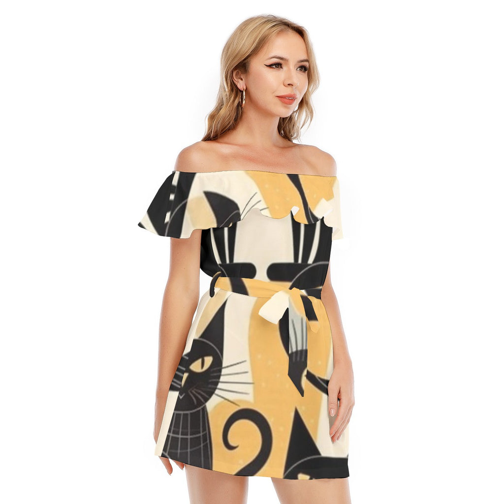 Blackkat Print Off-shoulder Dress With Ruffle