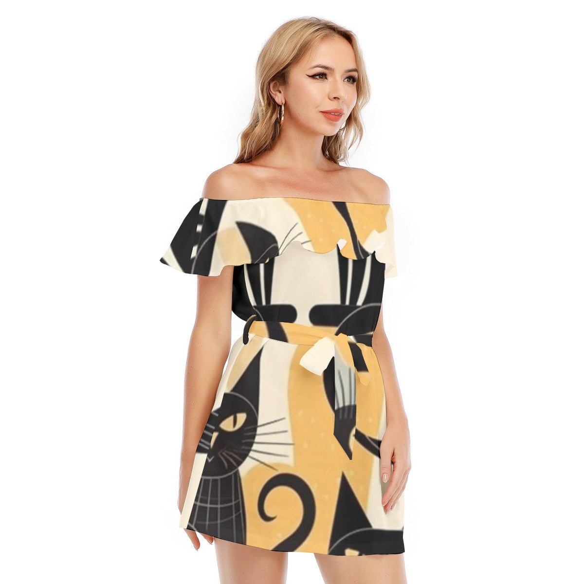 Blackkat Print Off-shoulder Dress With Ruffle