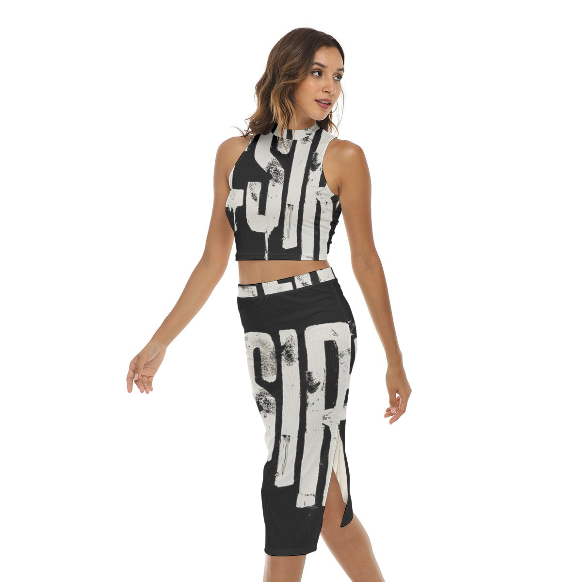 Urban Print Tank Top & Split High Skirt Set