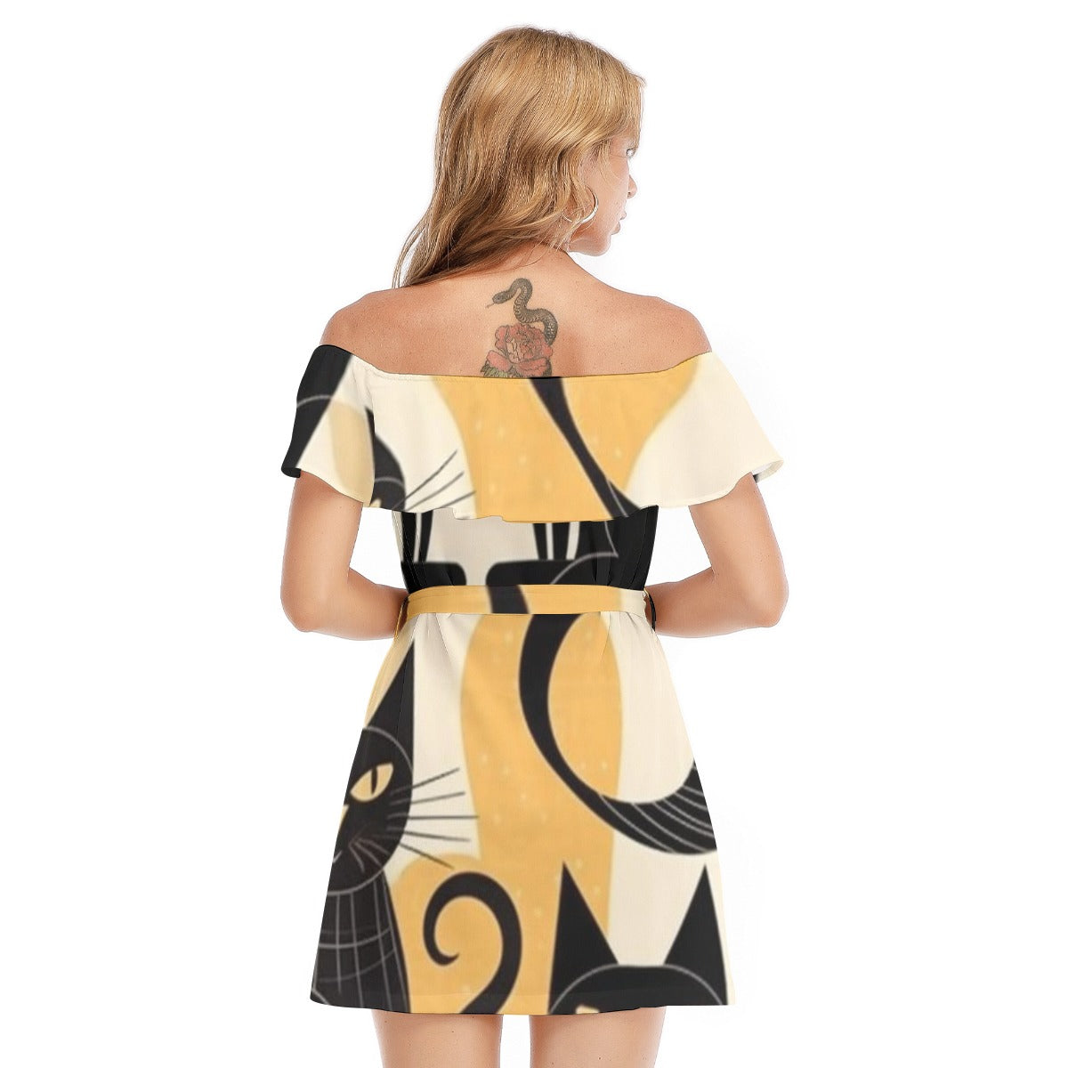 Blackkat Print Off-shoulder Dress With Ruffle