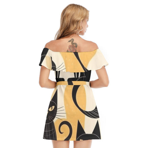 Blackkat Print Off-shoulder Dress With Ruffle