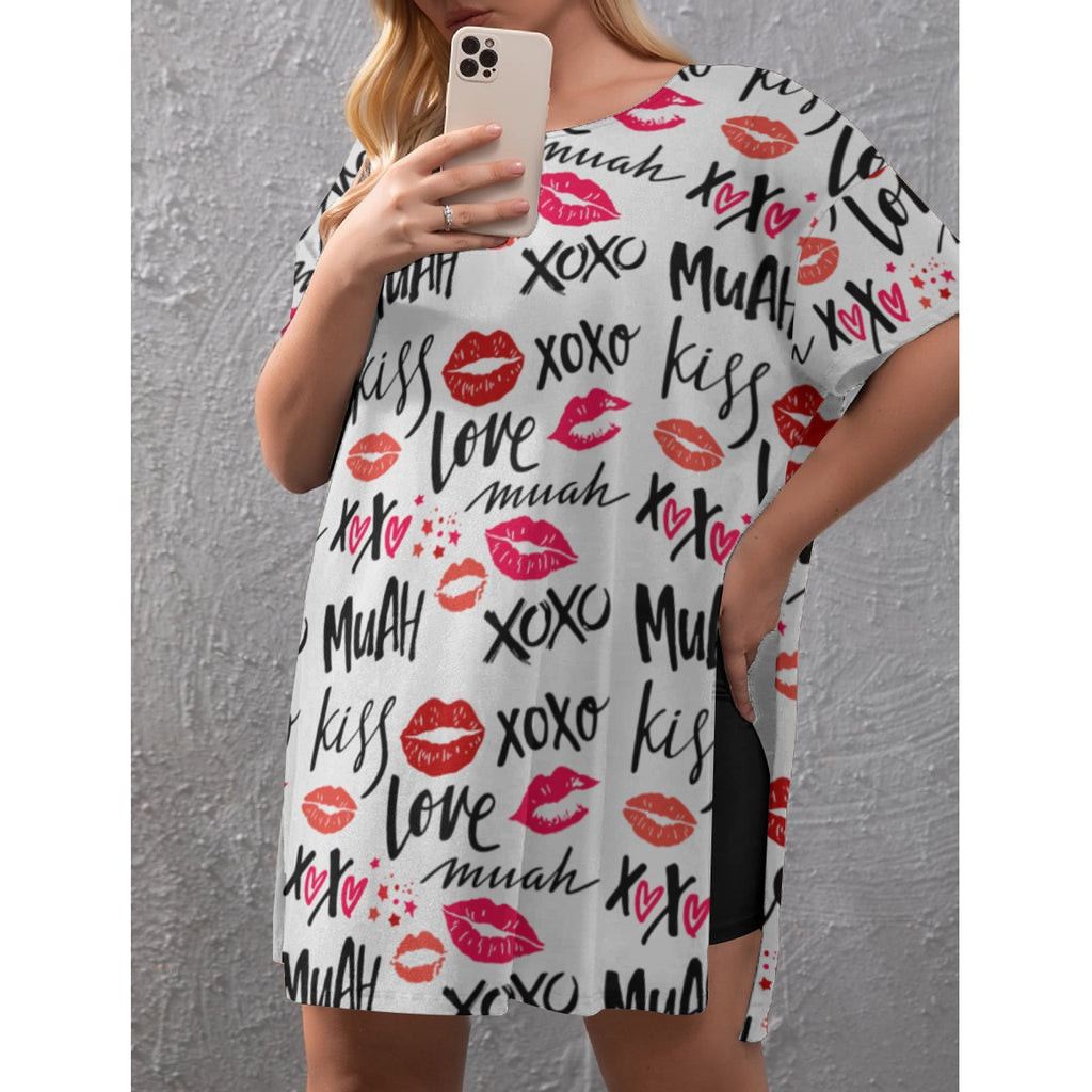 Love Muah XOXO Kiss Print  Drop-Shoulder T-Shirt with Side Split and Shorts (Plus Size)
