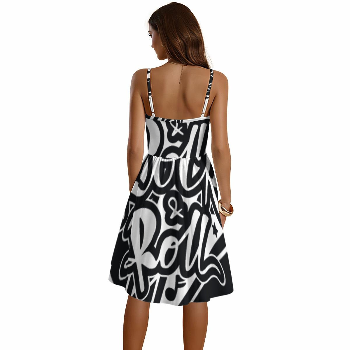 Rock&Roll print Spaghetti Strap Dress