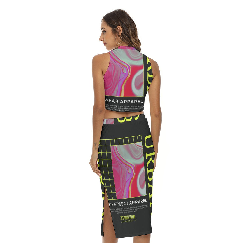 Urban Streetwear Apparel print Tank Top & Split High Skirt Set